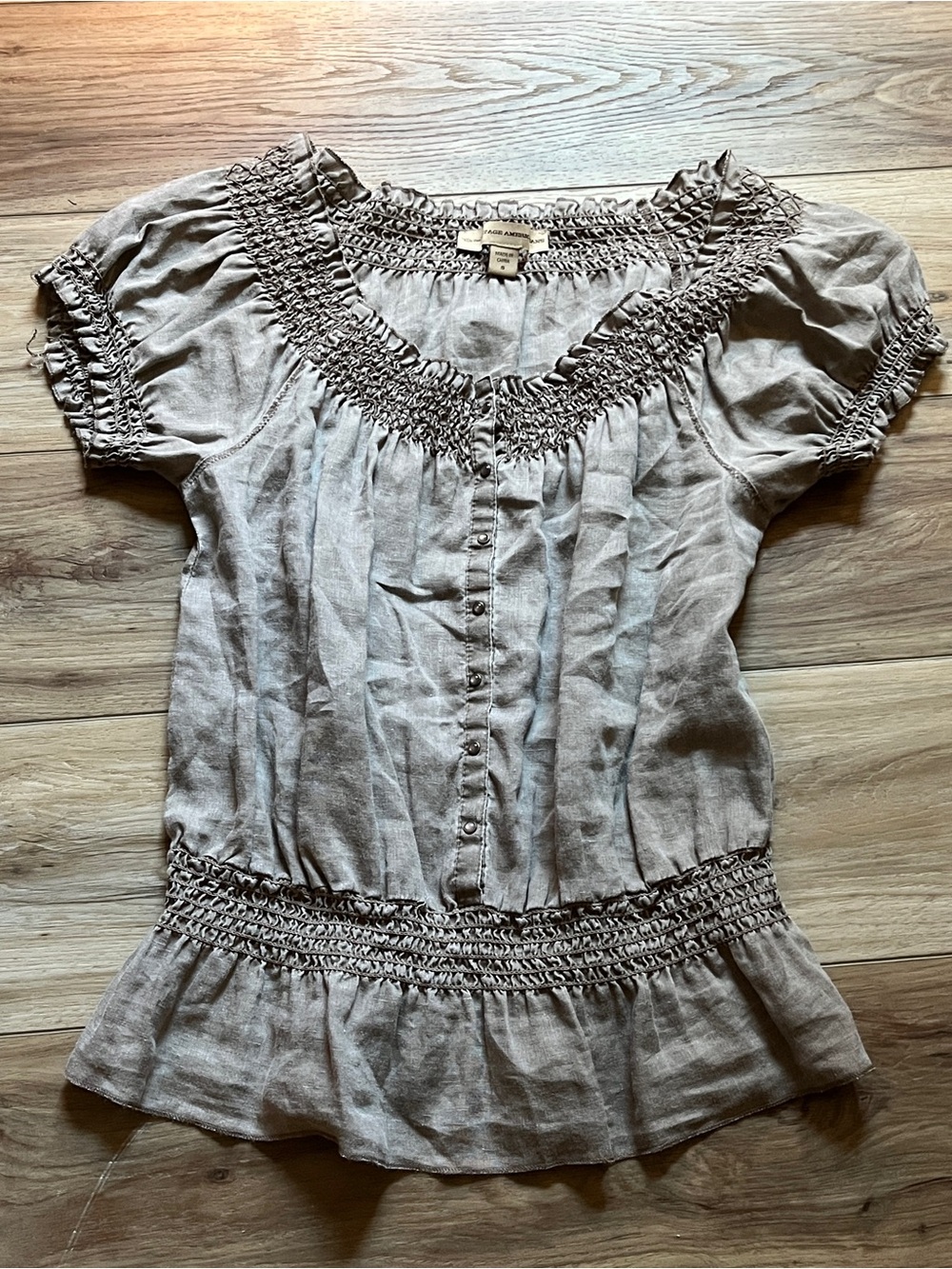 Vintage America Taupe Smocked Button-Front Short Sleeve Top